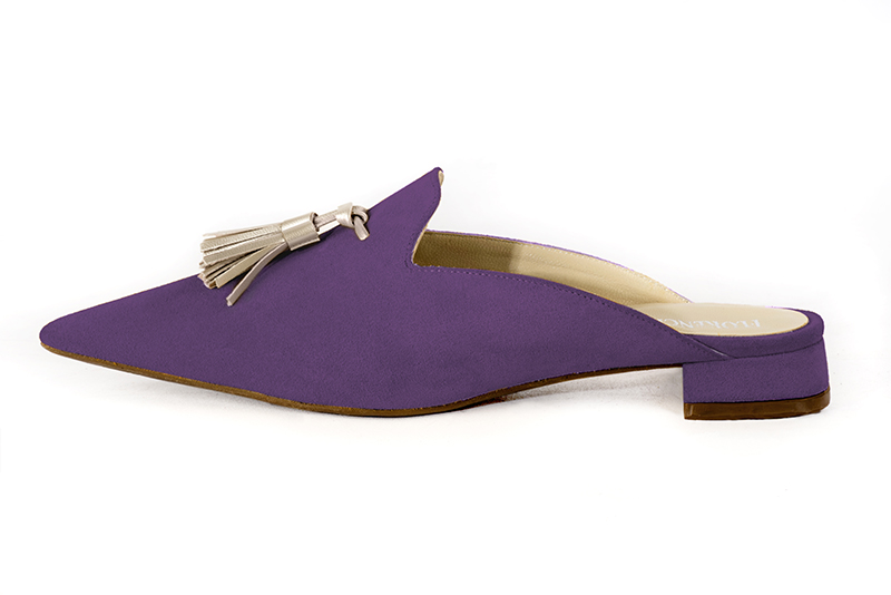 Amethyst purple and gold women's loafer mules. Pointed toe. Flat flare heels. Profile view - Florence KOOIJMAN